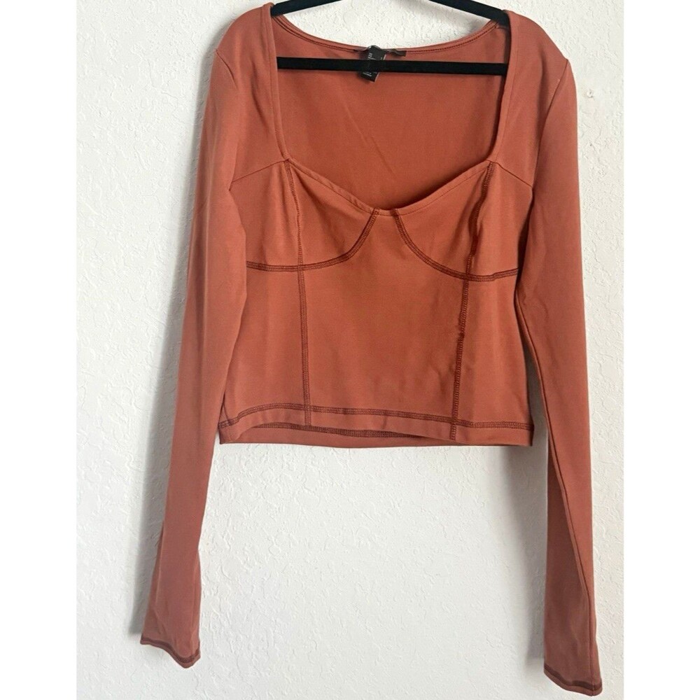 Forever 21 Brown Sweetheart Fall Neck Long Sleeve Knit Cropped Top
